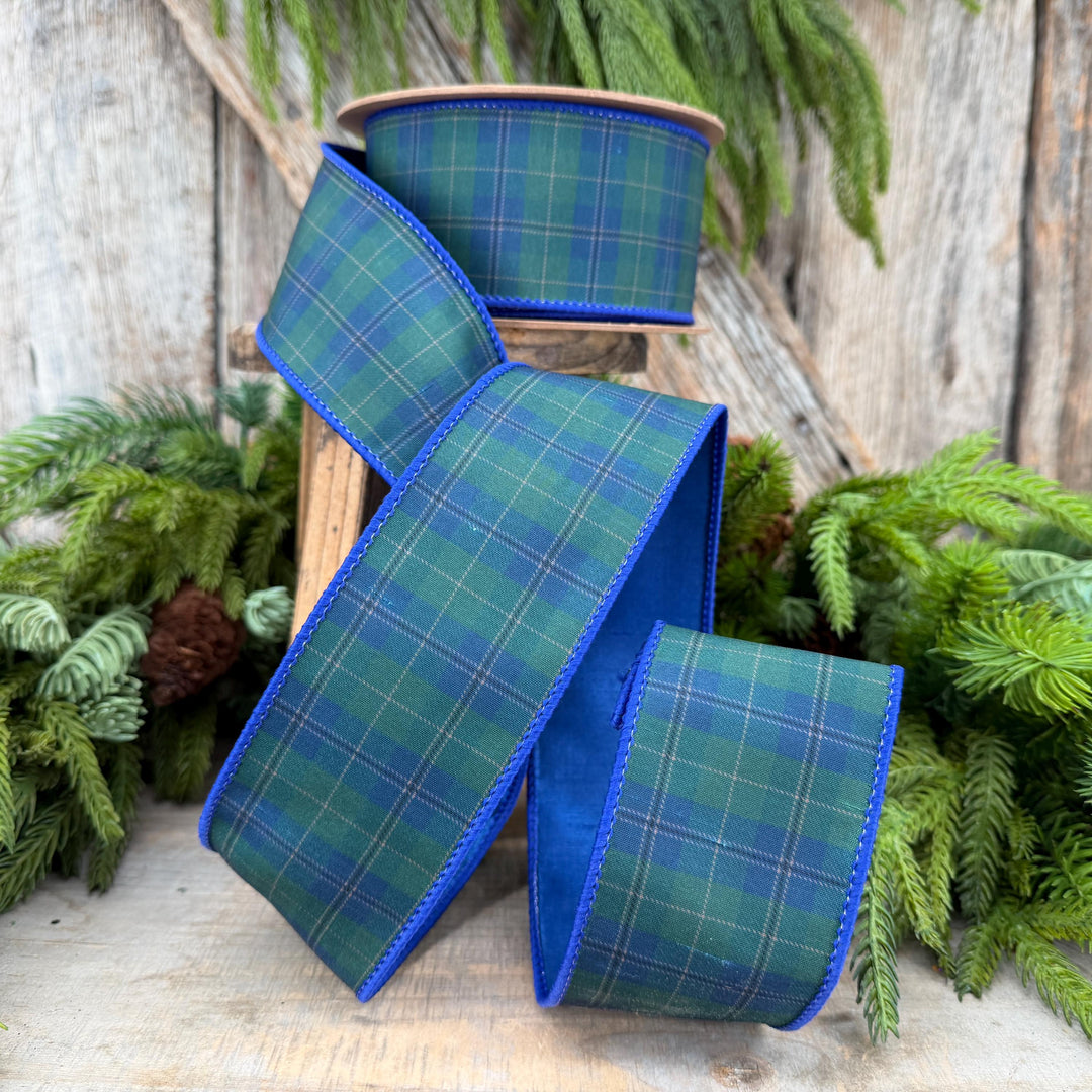 2.5" Blue Green Christmas Plaid Ribbon, Black Watch Plaid Ribbon, Navy Blue Plaid