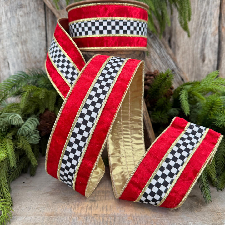 2.5" Red Velvet Black White Check Wired Ribbon | Gold Backing | 10 Yards