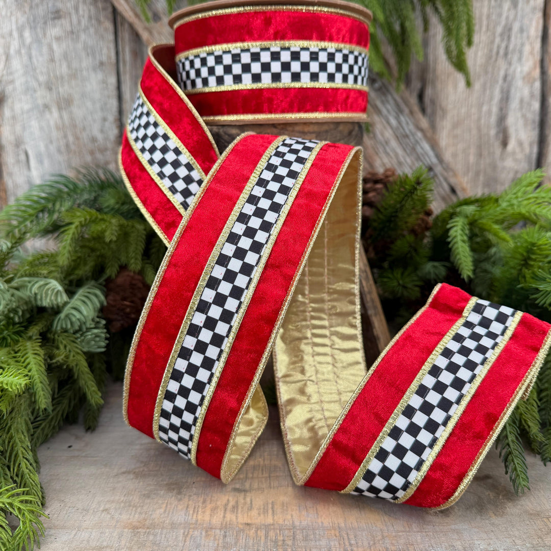 2.5" Red Velvet Black White Check Wired Ribbon | Gold Backing | 10 Yards