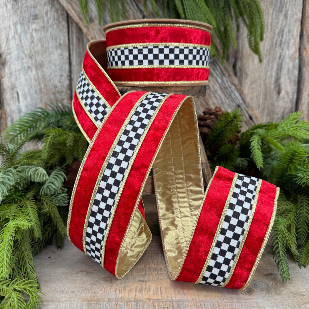 2.5" Red Velvet Black White Check Wired Ribbon | Gold Backing | 10 Yards