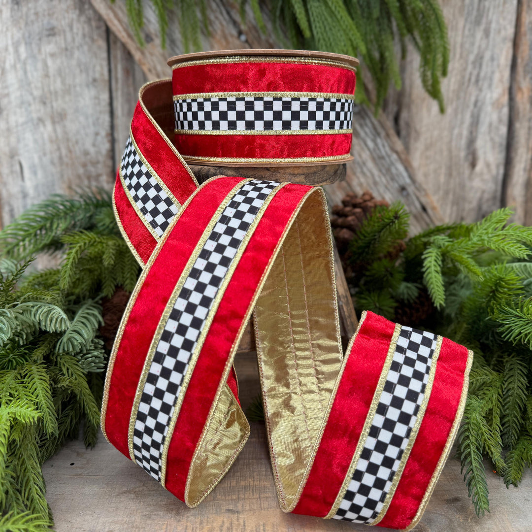 2.5" Red Velvet Black White Check Wired Ribbon | Gold Backing | 10 Yards