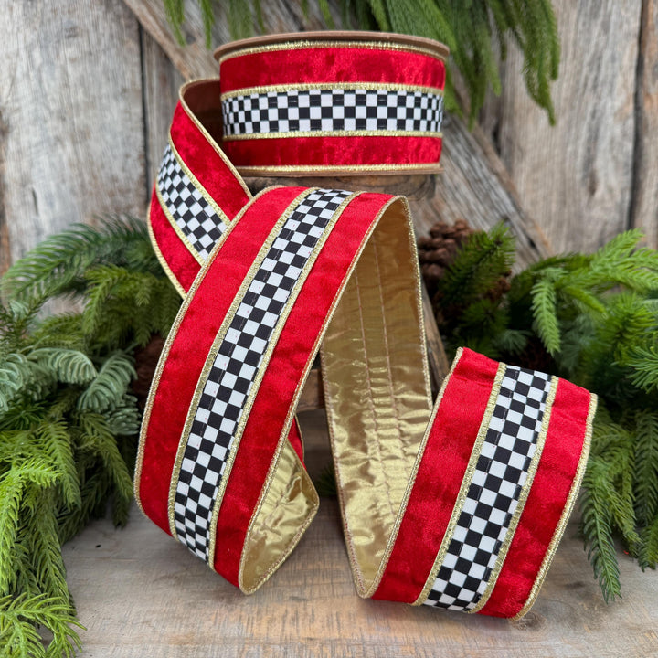 2.5" Red Velvet Black White Check Wired Ribbon | Gold Backing | 10 Yards