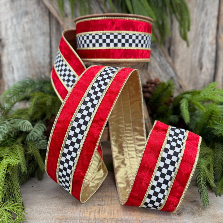 2.5" Red Velvet Black White Check Wired Ribbon | Gold Backing | 10 Yards