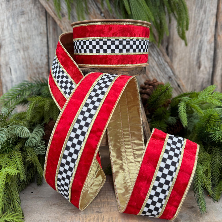2.5" Red Velvet Black White Check Wired Ribbon | Gold Backing | 10 Yards
