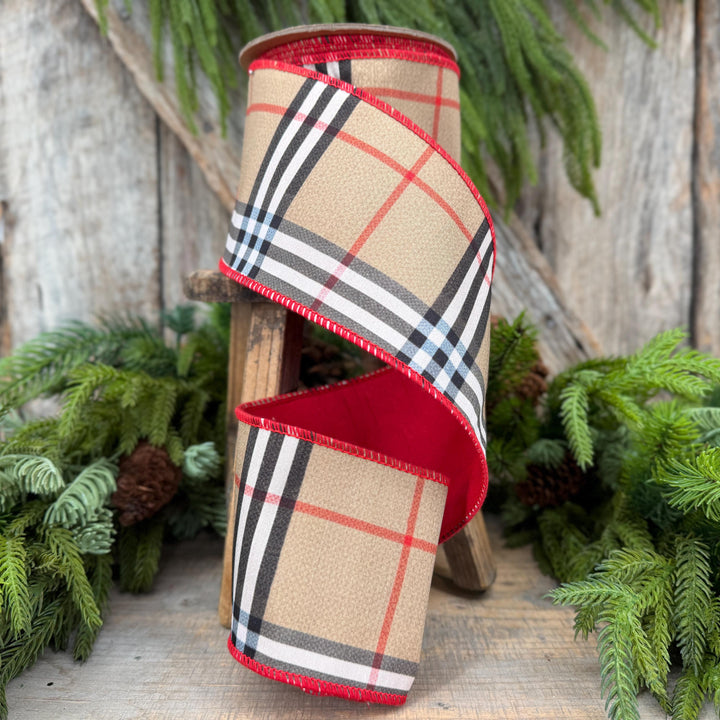 4” Brown Black Red holiday plaid, Christmas ribbon, 10 yards