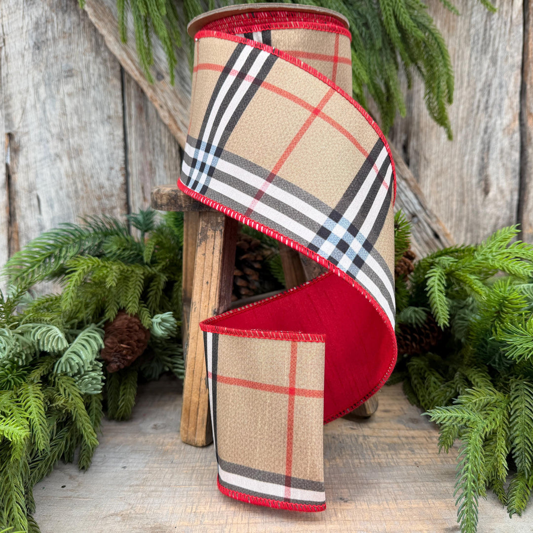 4” Brown Black Red holiday plaid, Christmas ribbon, 10 yards