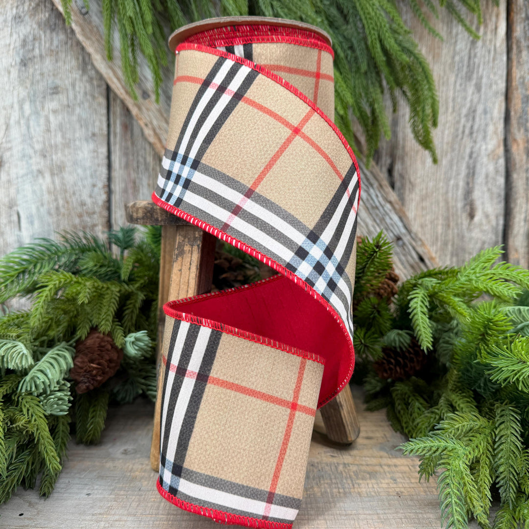 4” Brown Black Red holiday plaid, Christmas ribbon, 10 yards