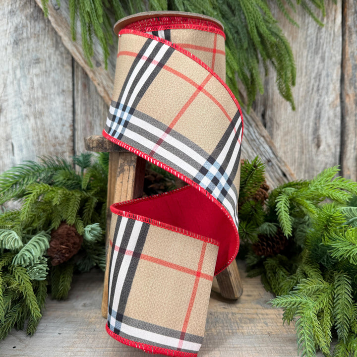 4” Brown Black Red holiday plaid, Christmas ribbon, 10 yards