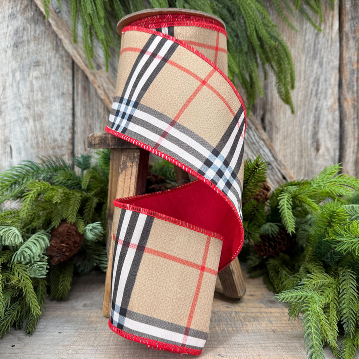 4” Brown Black Red holiday plaid, Christmas ribbon, 10 yards