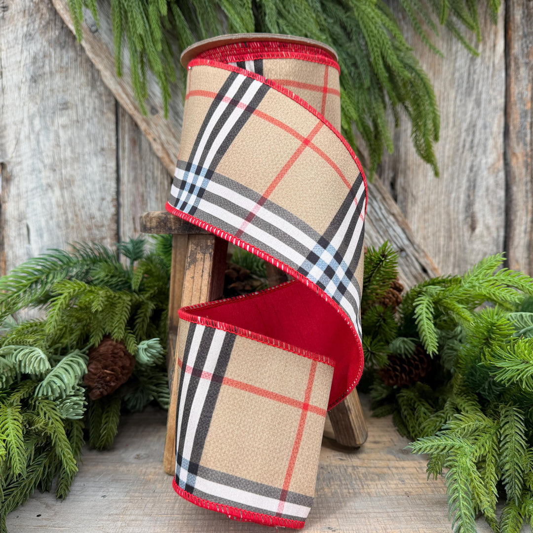 4” Brown Black Red holiday plaid, Christmas ribbon, 10 yards