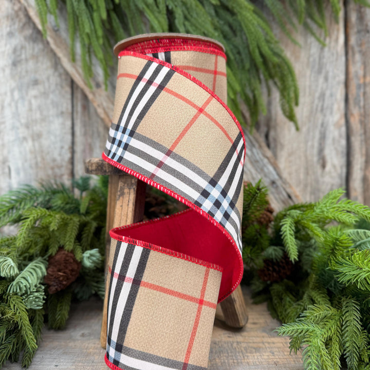 4” Brown Black Red holiday plaid, Christmas ribbon, 10 yards