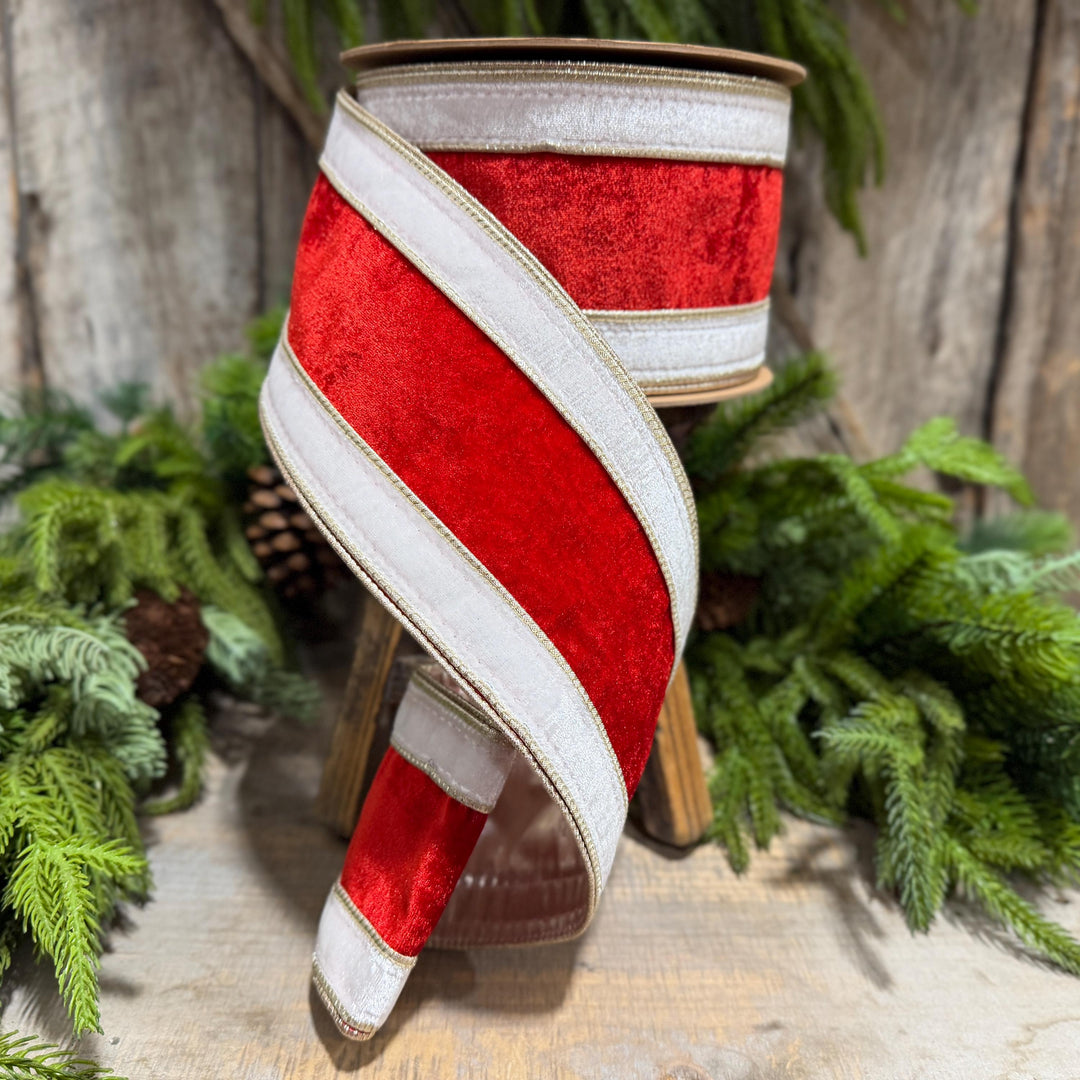 4" Red White Gold Velvet Wired Christmas Ribbon, 10 Yard Roll