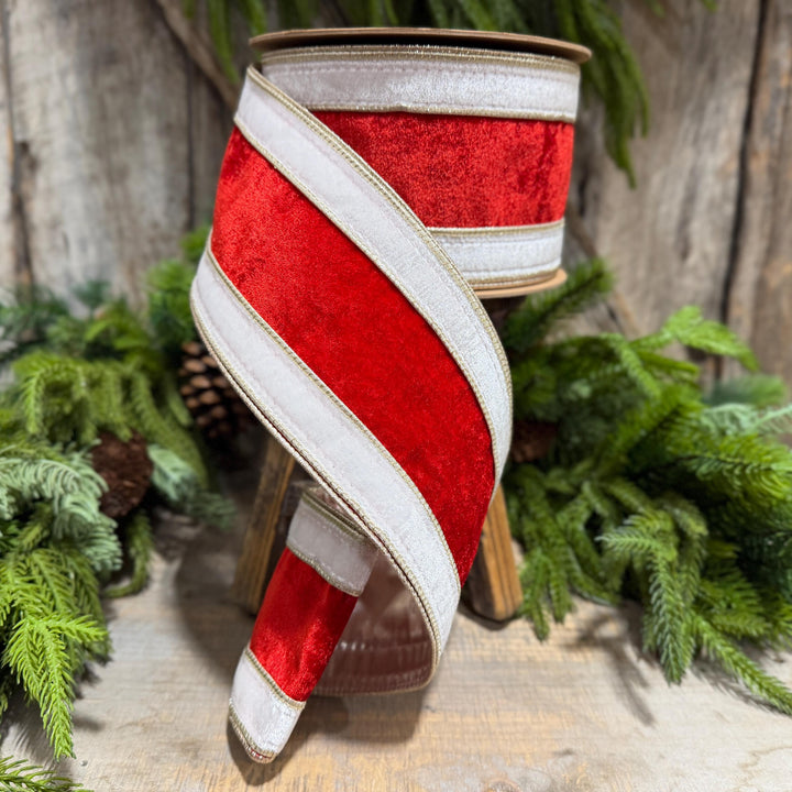 4" Red White Gold Velvet Wired Christmas Ribbon, 10 Yard Roll