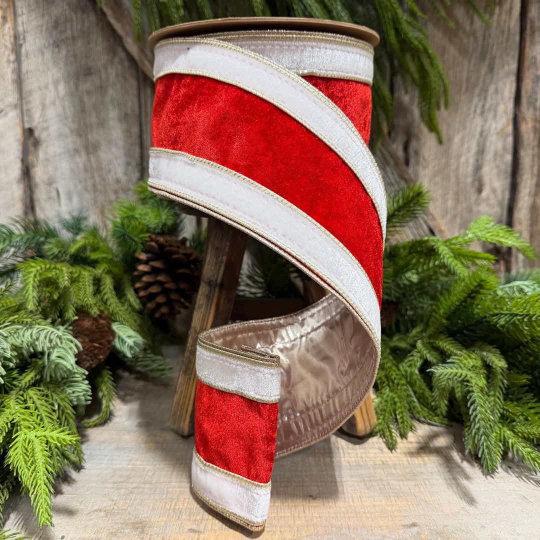 4" Red White Gold Velvet Wired Christmas Ribbon, 10 Yard Roll