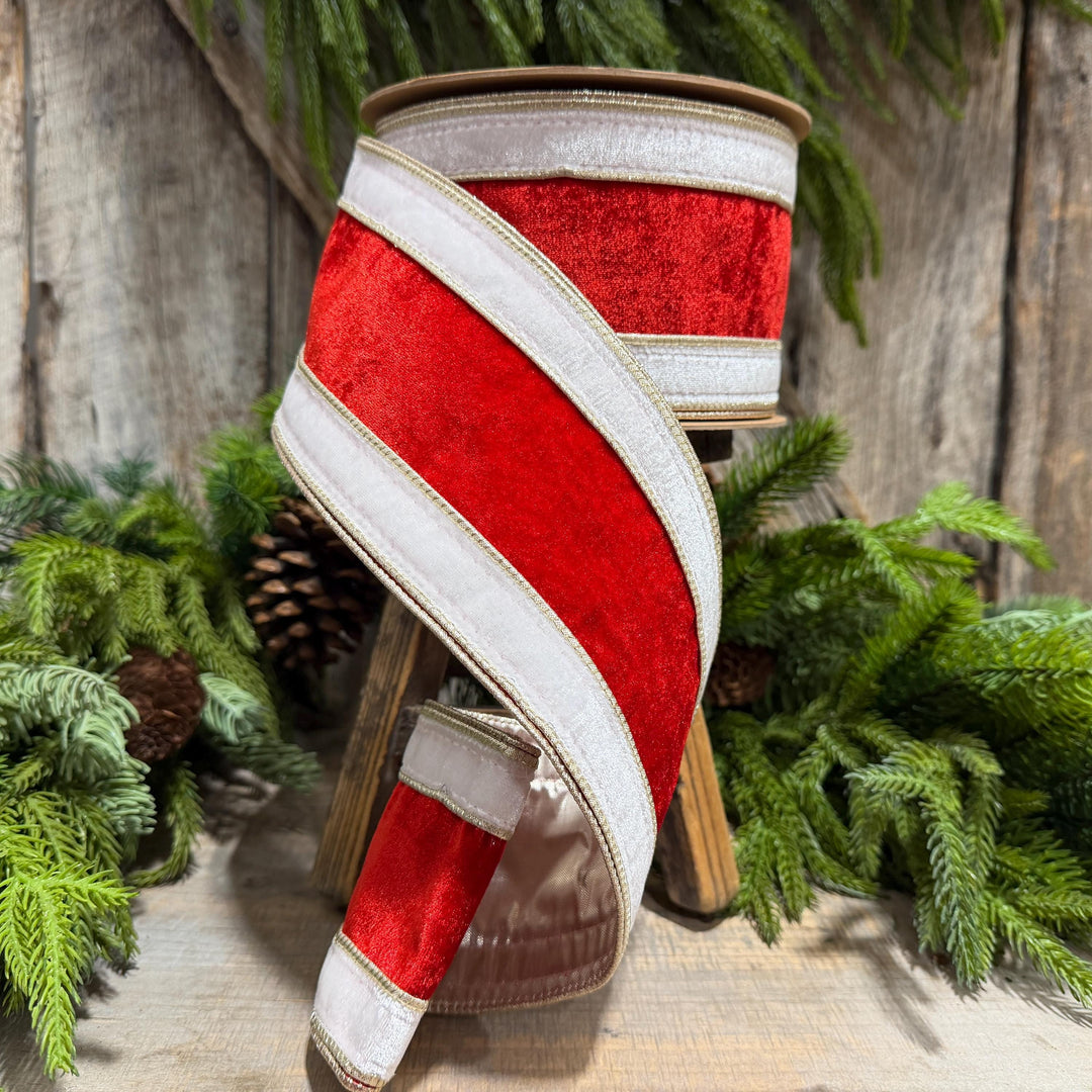 4" Red White Gold Velvet Wired Christmas Ribbon, 10 Yard Roll
