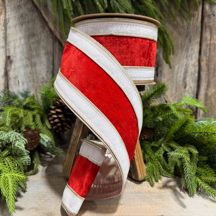 4" Red White Gold Velvet Wired Christmas Ribbon, 10 Yard Roll