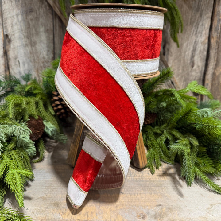 4" Red White Gold Velvet Wired Christmas Ribbon, 10 Yard Roll