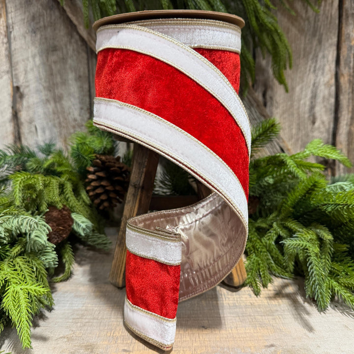 4" Red White Gold Velvet Wired Christmas Ribbon, 10 Yard Roll