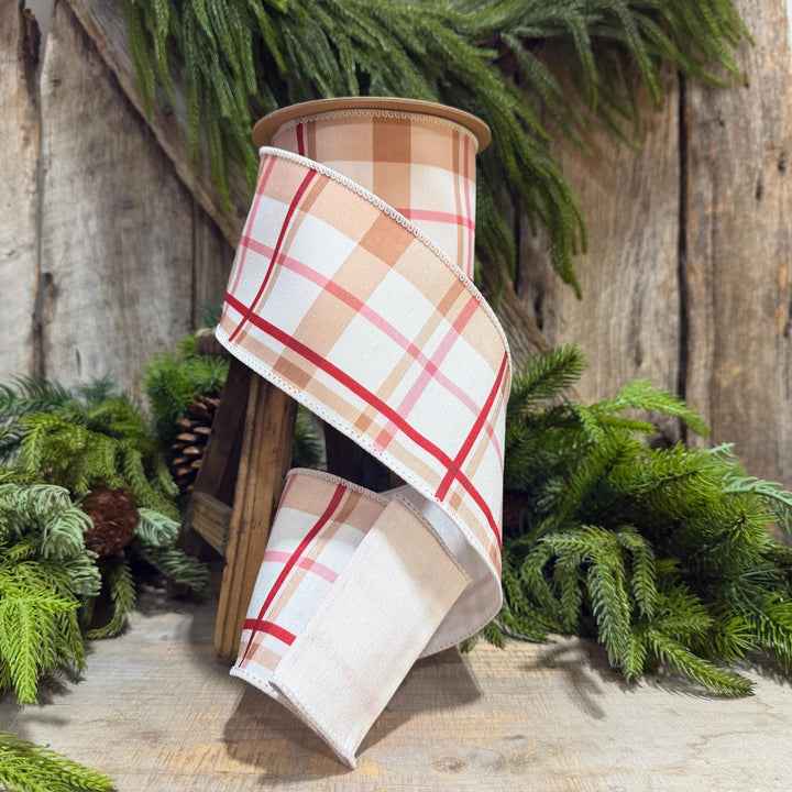 4" Gingerbread Brown Plaid Wired Ribbon, 10 Yard Roll