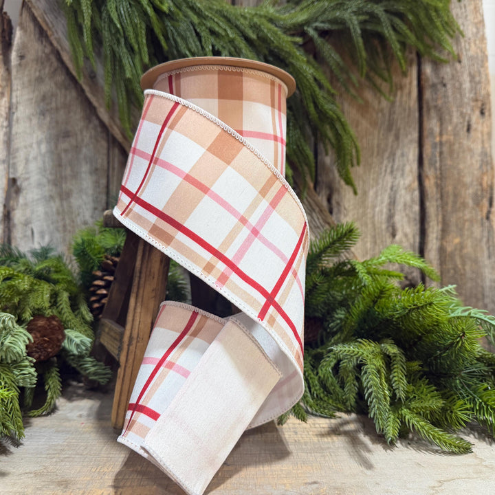4" Gingerbread Brown Plaid Wired Ribbon, 10 Yard Roll
