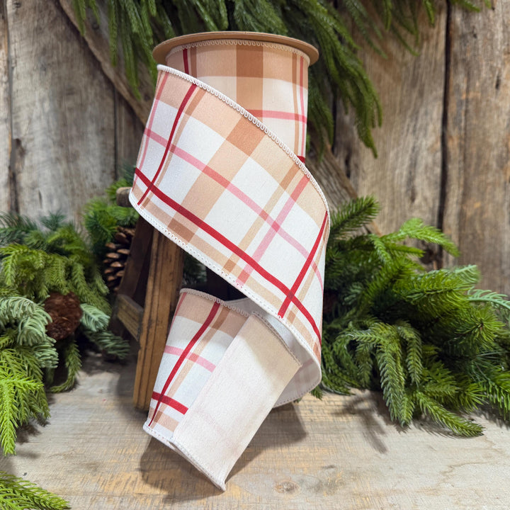4" Gingerbread Brown Plaid Wired Ribbon, 10 Yard Roll