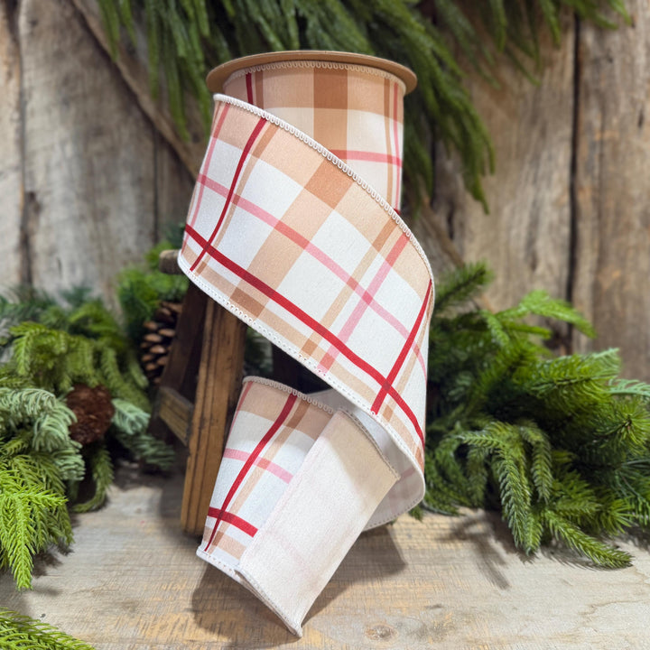 4" Gingerbread Brown Plaid Wired Ribbon, 10 Yard Roll