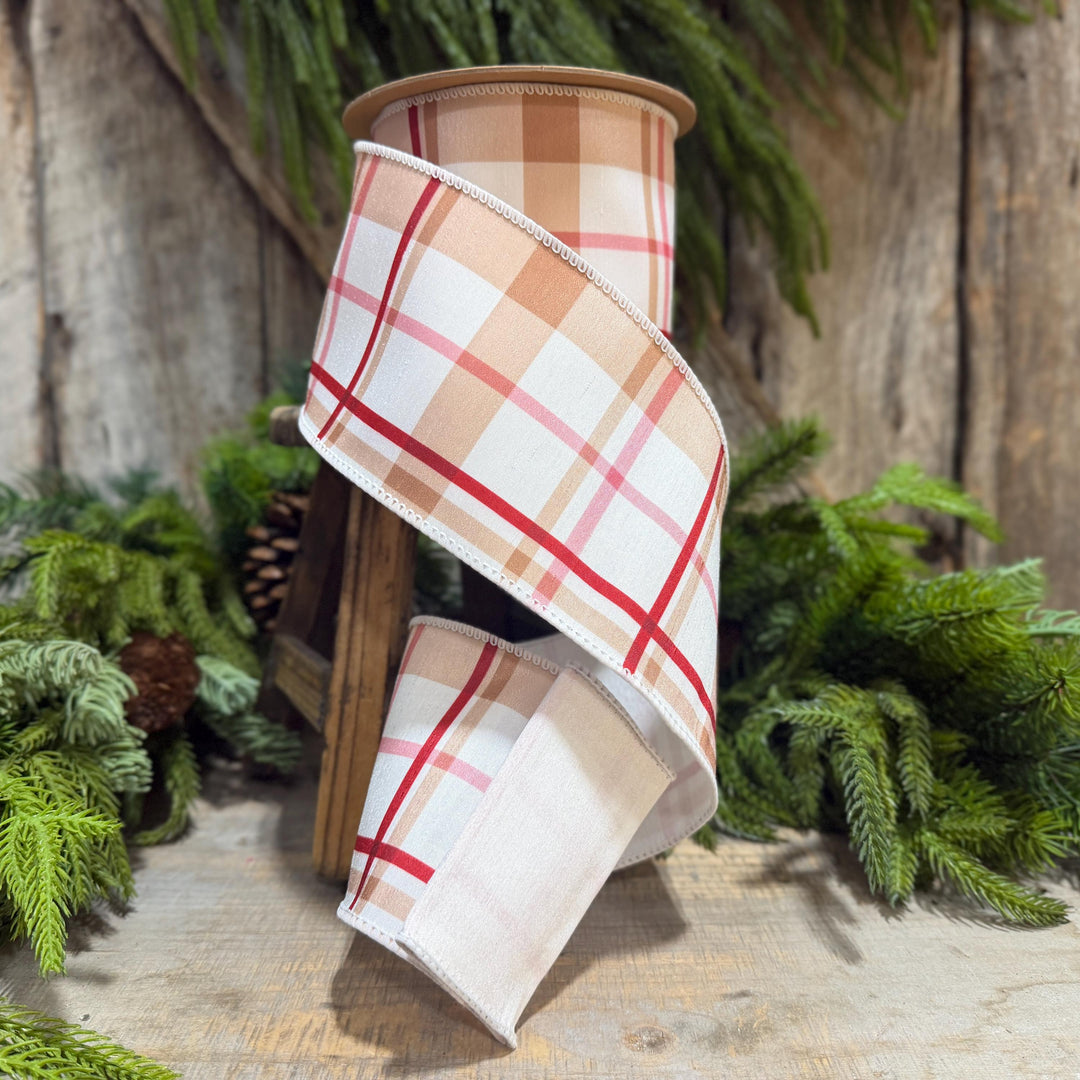 4" Gingerbread Brown Plaid Wired Ribbon, 10 Yard Roll