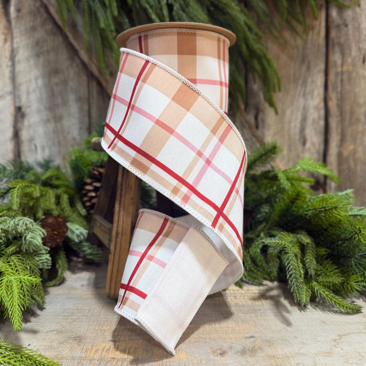 4" Gingerbread Brown Plaid Wired Ribbon, 10 Yard Roll