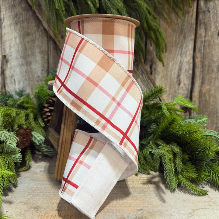 4" Gingerbread Brown Plaid Wired Ribbon, 10 Yard Roll