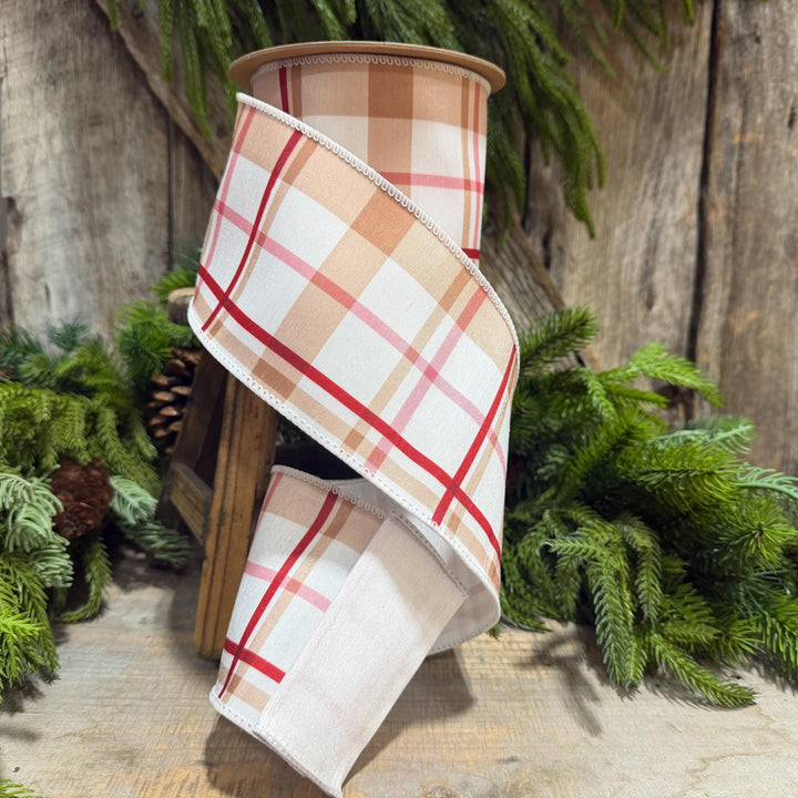 4" Gingerbread Brown Plaid Wired Ribbon, 10 Yard Roll