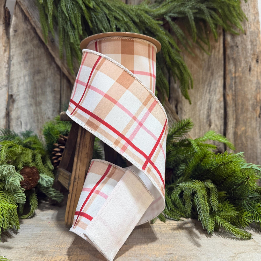 4" Gingerbread Brown Plaid Wired Ribbon, 10 Yard Roll