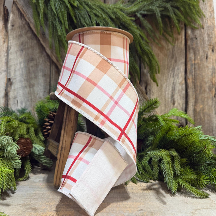 4" Gingerbread Brown Plaid Wired Ribbon, 10 Yard Roll
