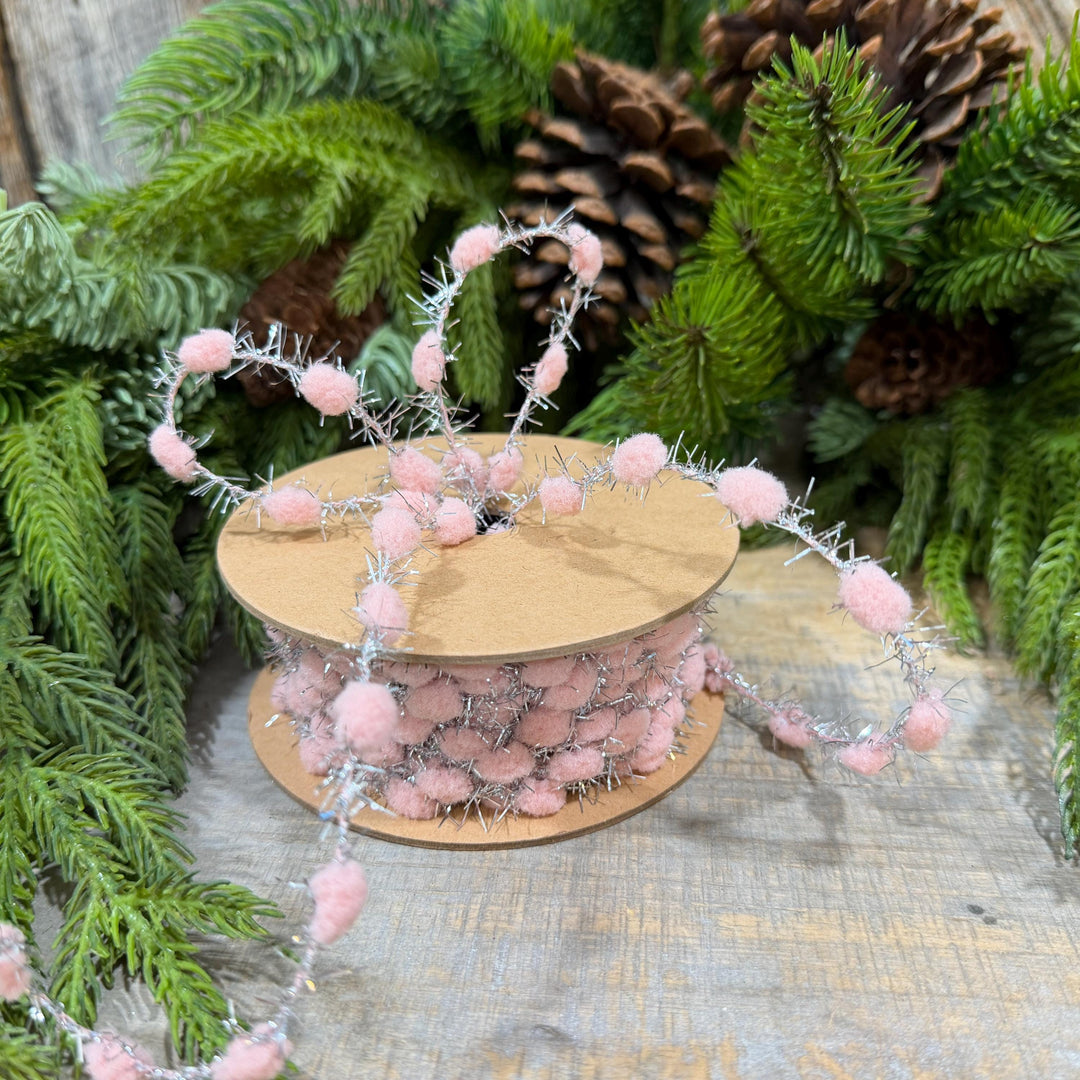 3/8" Pink Pom Pom Tinsel Garland, Silver Metallic, 10 Yard Roll