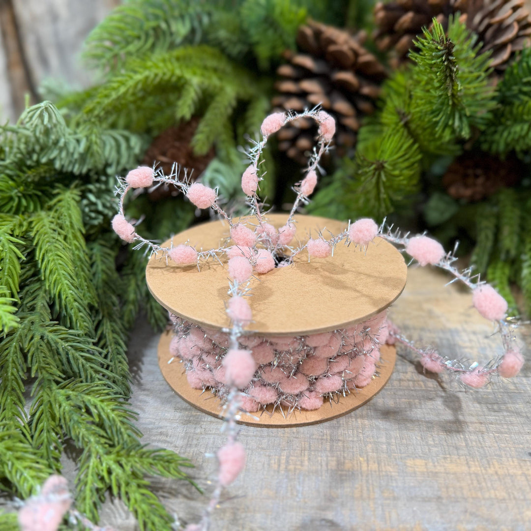 3/8" Pink Pom Pom Tinsel Garland, Silver Metallic, 10 Yard Roll