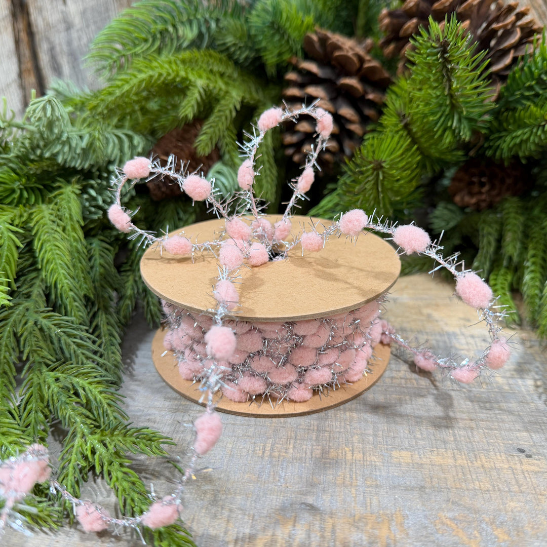 3/8" Pink Pom Pom Tinsel Garland, Silver Metallic, 10 Yard Roll