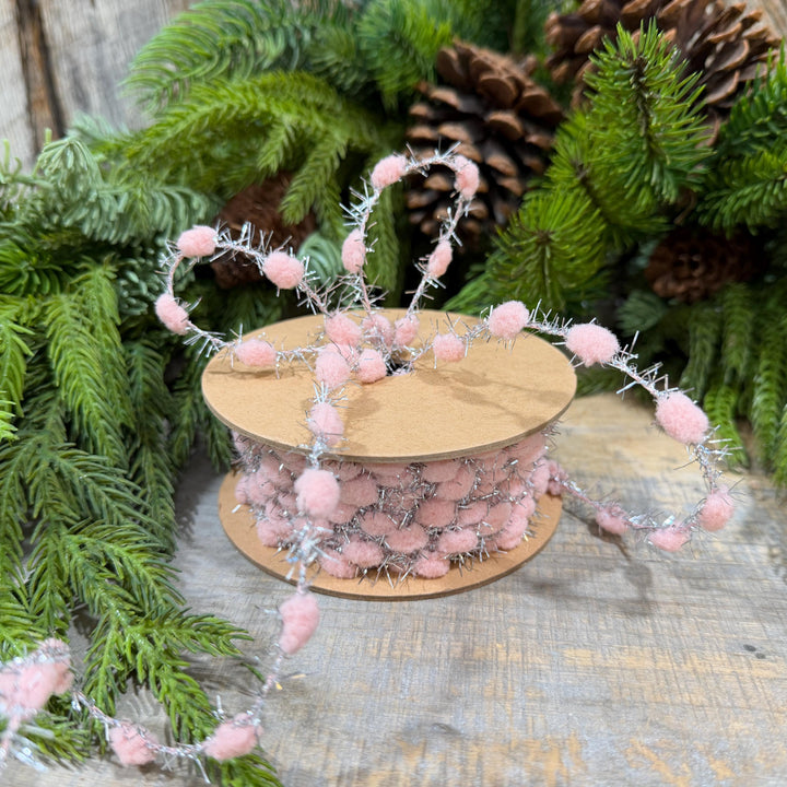 3/8" Pink Pom Pom Tinsel Garland, Silver Metallic, 10 Yard Roll