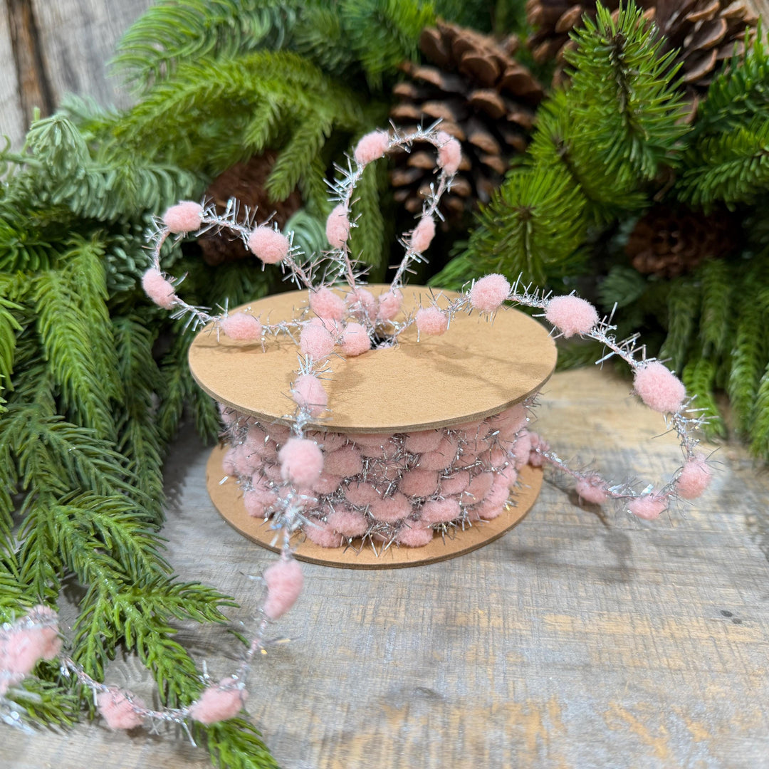 3/8" Pink Pom Pom Tinsel Garland, Silver Metallic, 10 Yard Roll