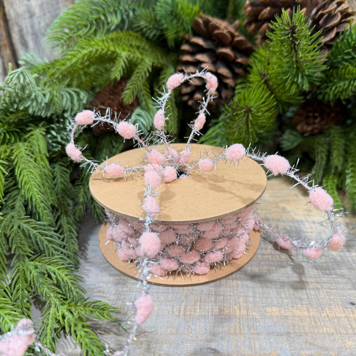 3/8" Pink Pom Pom Tinsel Garland, Silver Metallic, 10 Yard Roll