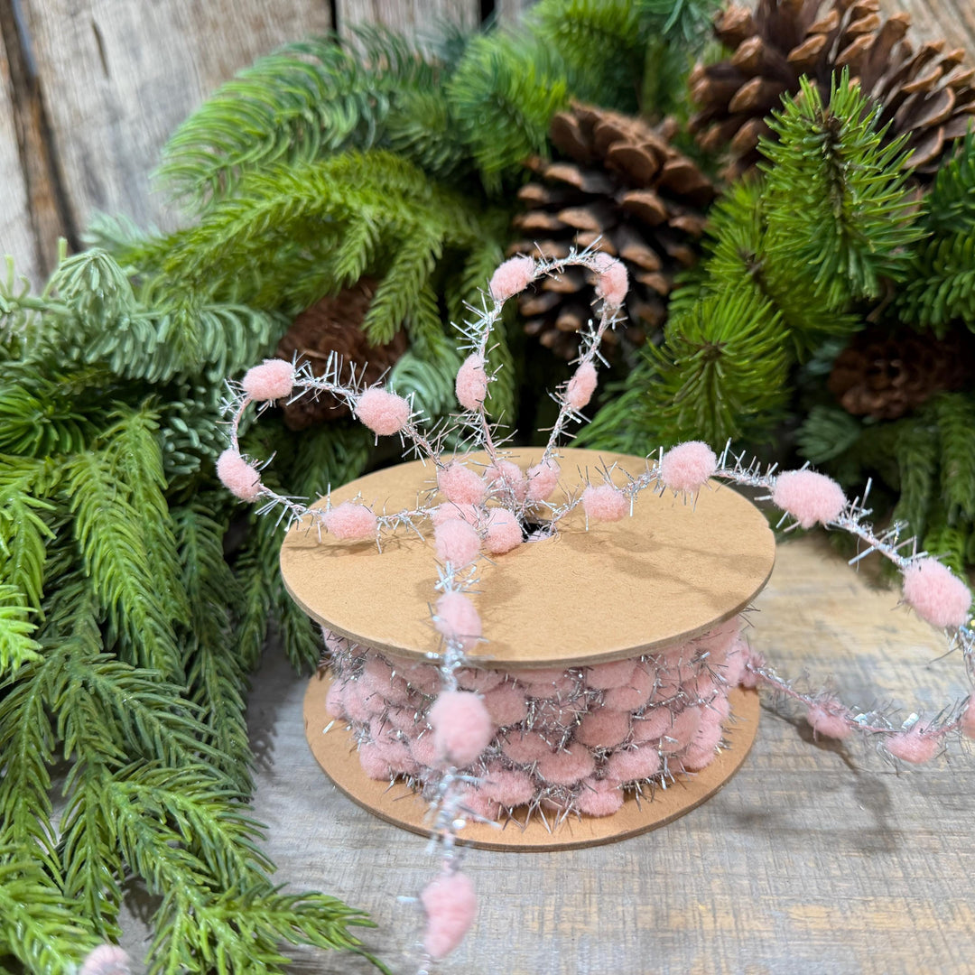 3/8" Pink Pom Pom Tinsel Garland, Silver Metallic, 10 Yard Roll