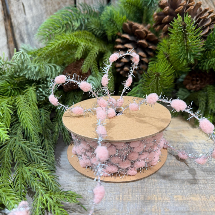 3/8" Pink Pom Pom Tinsel Garland, Silver Metallic, 10 Yard Roll