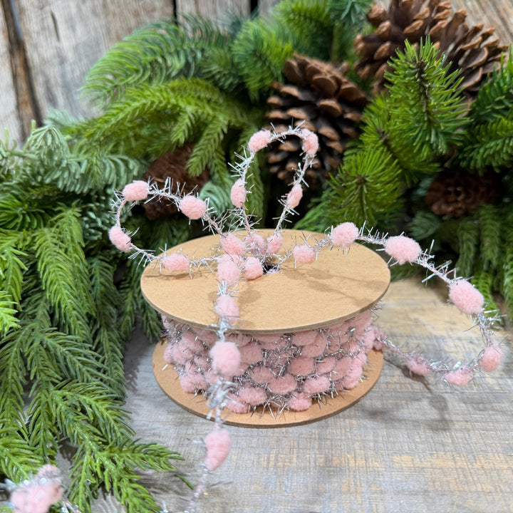 3/8" Pink Pom Pom Tinsel Garland, Silver Metallic, 10 Yard Roll