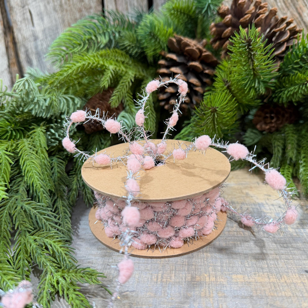 3/8" Pink Pom Pom Tinsel Garland, Silver Metallic, 10 Yard Roll