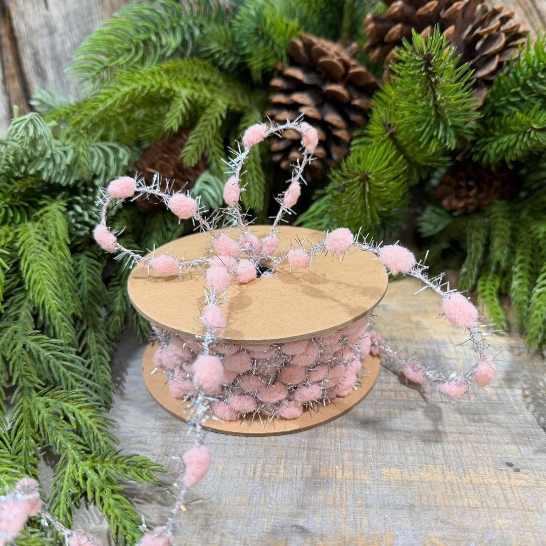 3/8" Pink Pom Pom Tinsel Garland, Silver Metallic, 10 Yard Roll