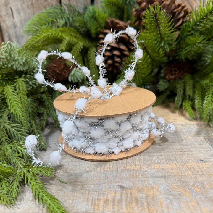 3/8" White Pom Pom Tinsel Garland, Silver Metallic, Snowy Ribbon, 10 Yard Roll