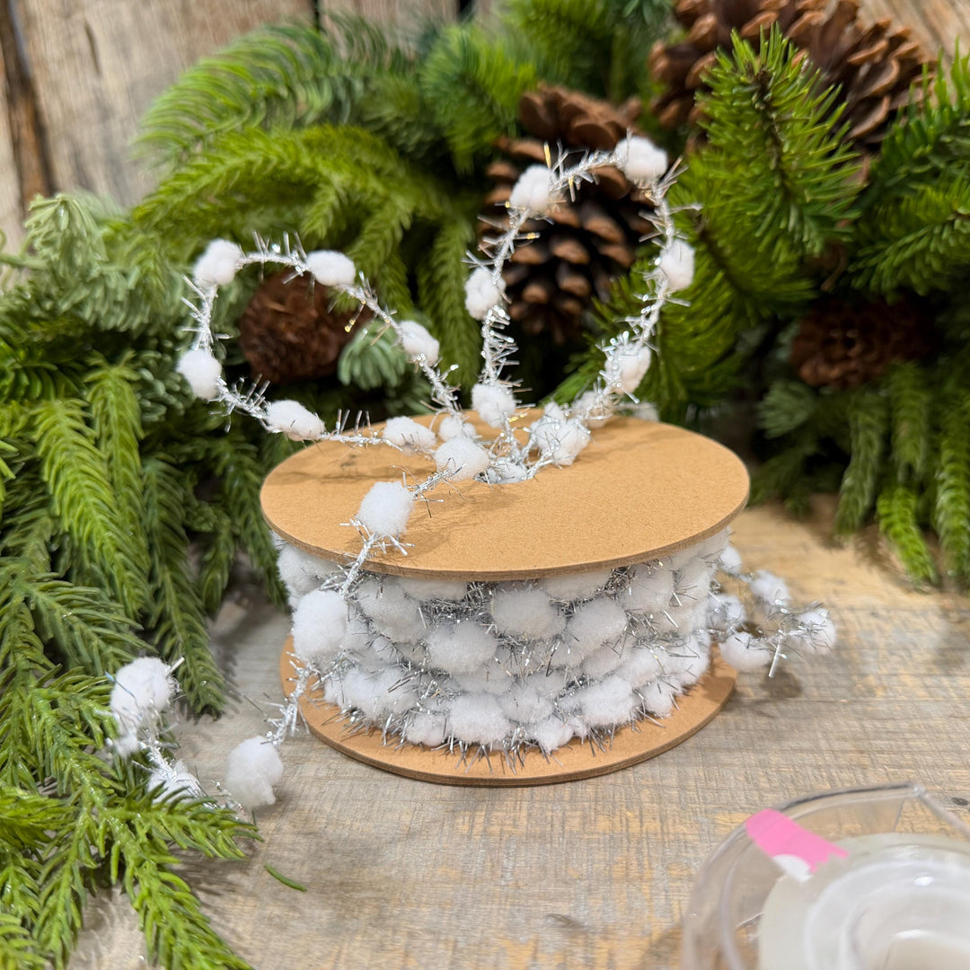 3/8" White Pom Pom Tinsel Garland, Silver Metallic, Snowy Ribbon, 10 Yard Roll