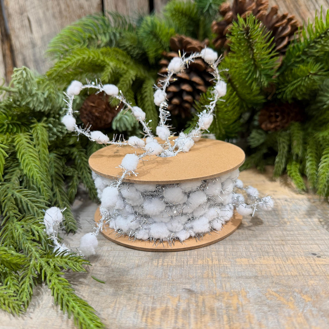 3/8" White Pom Pom Tinsel Garland, Silver Metallic, Snowy Ribbon, 10 Yard Roll