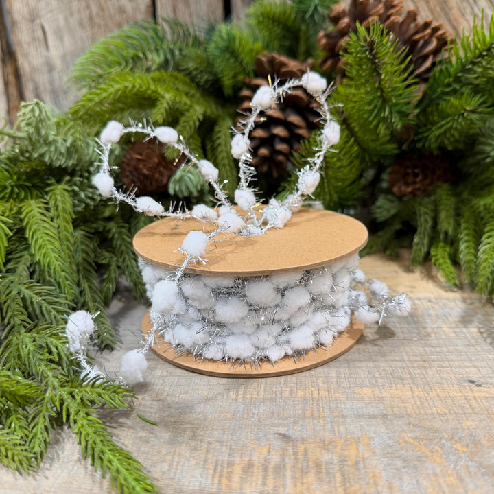 3/8" White Pom Pom Tinsel Garland, Silver Metallic, Snowy Ribbon, 10 Yard Roll