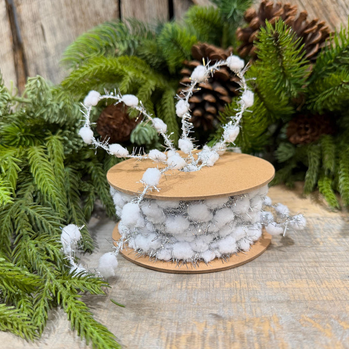3/8" White Pom Pom Tinsel Garland, Silver Metallic, Snowy Ribbon, 10 Yard Roll