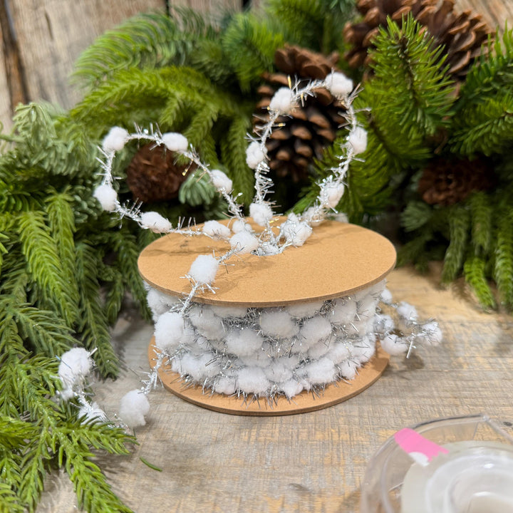 3/8" White Pom Pom Tinsel Garland, Silver Metallic, Snowy Ribbon, 10 Yard Roll