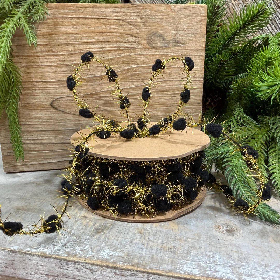 3/8" Black Pom Pom Tinsel Garland, Gold Metallic, 10 Yard Roll